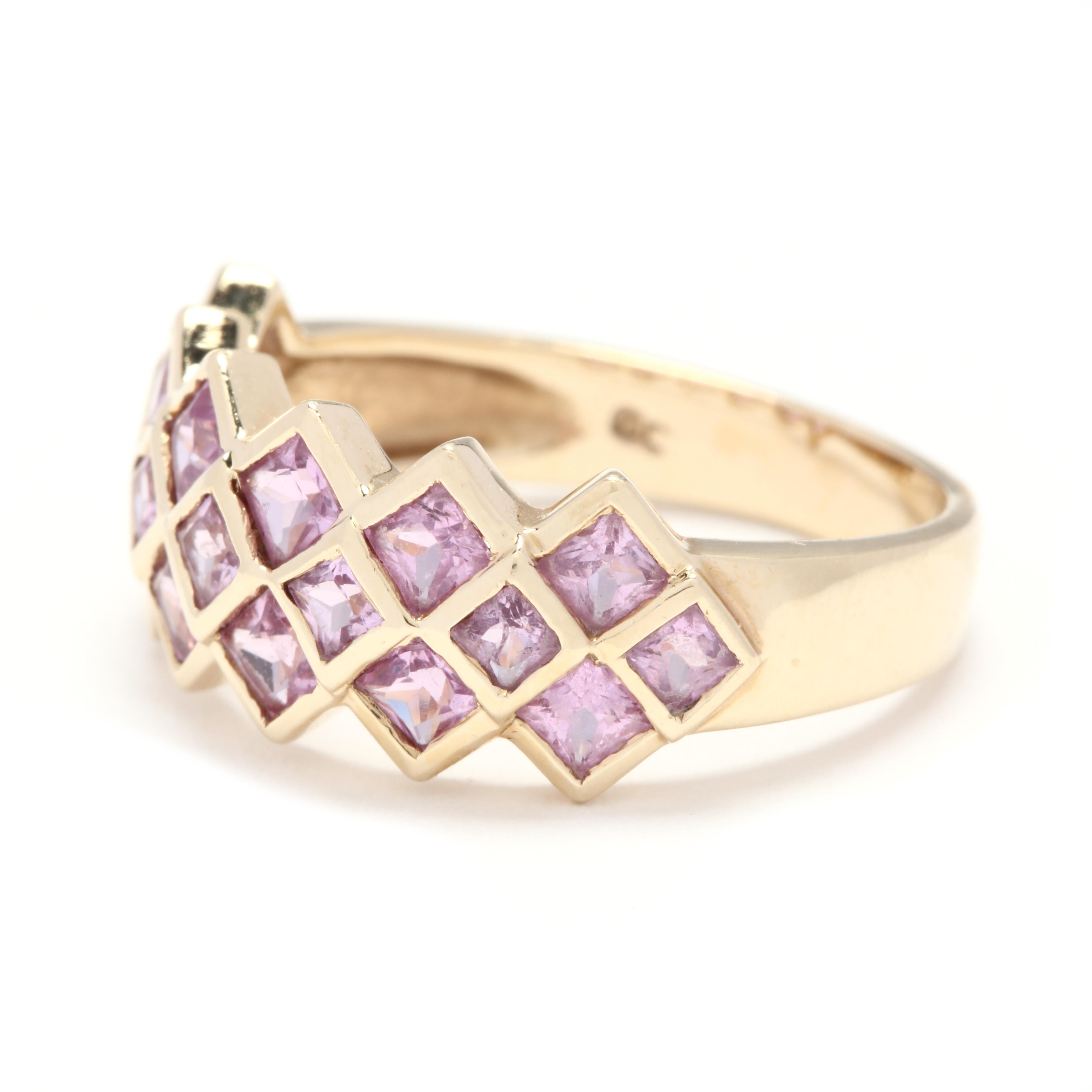 14 Karat Yellow Gold Pink Topaz Three-Row Band Ring In Good Condition In McLeansville, NC