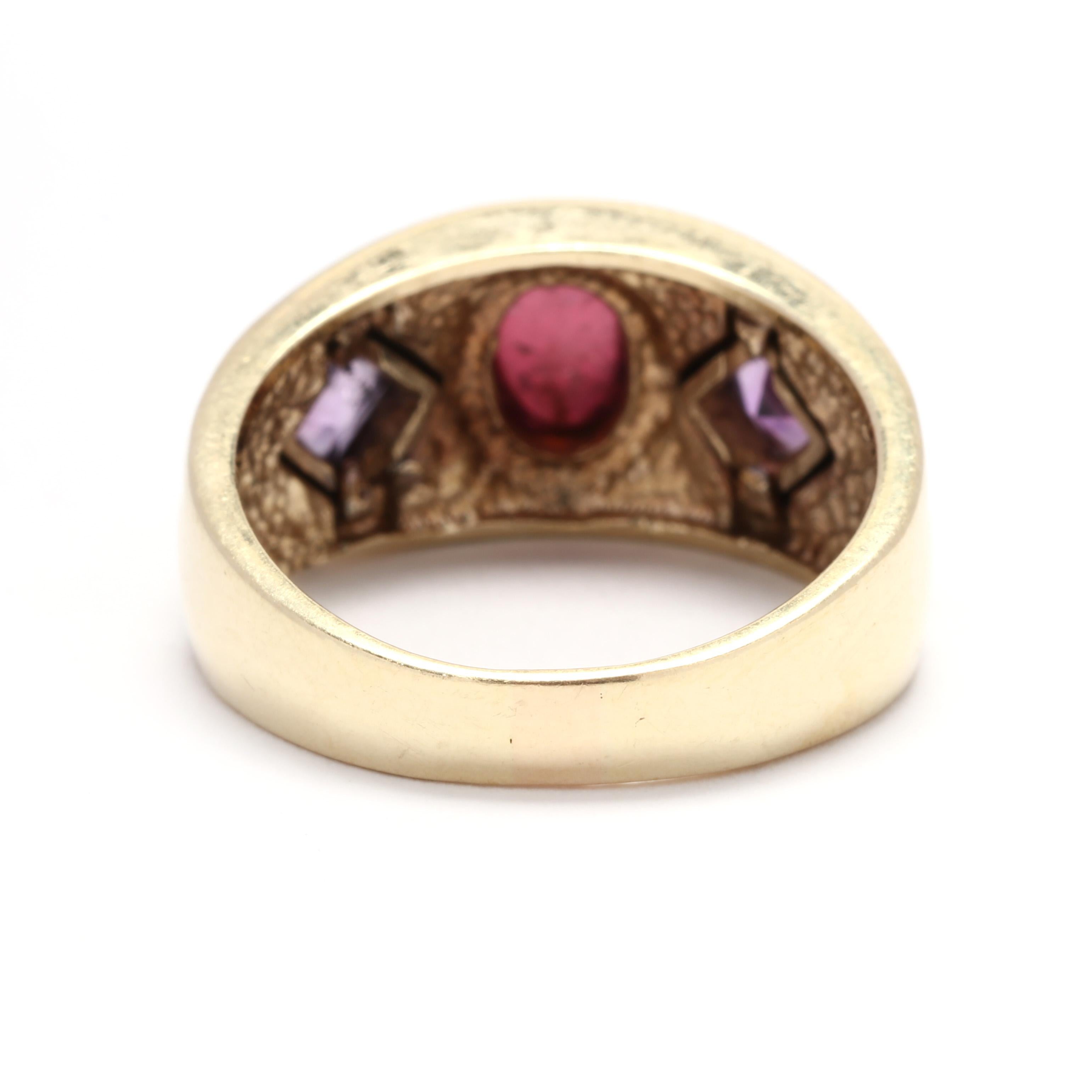 Oval Cut 14 Karat Yellow Gold, Pink Tourmaline and Amethyst Wide Band Ring