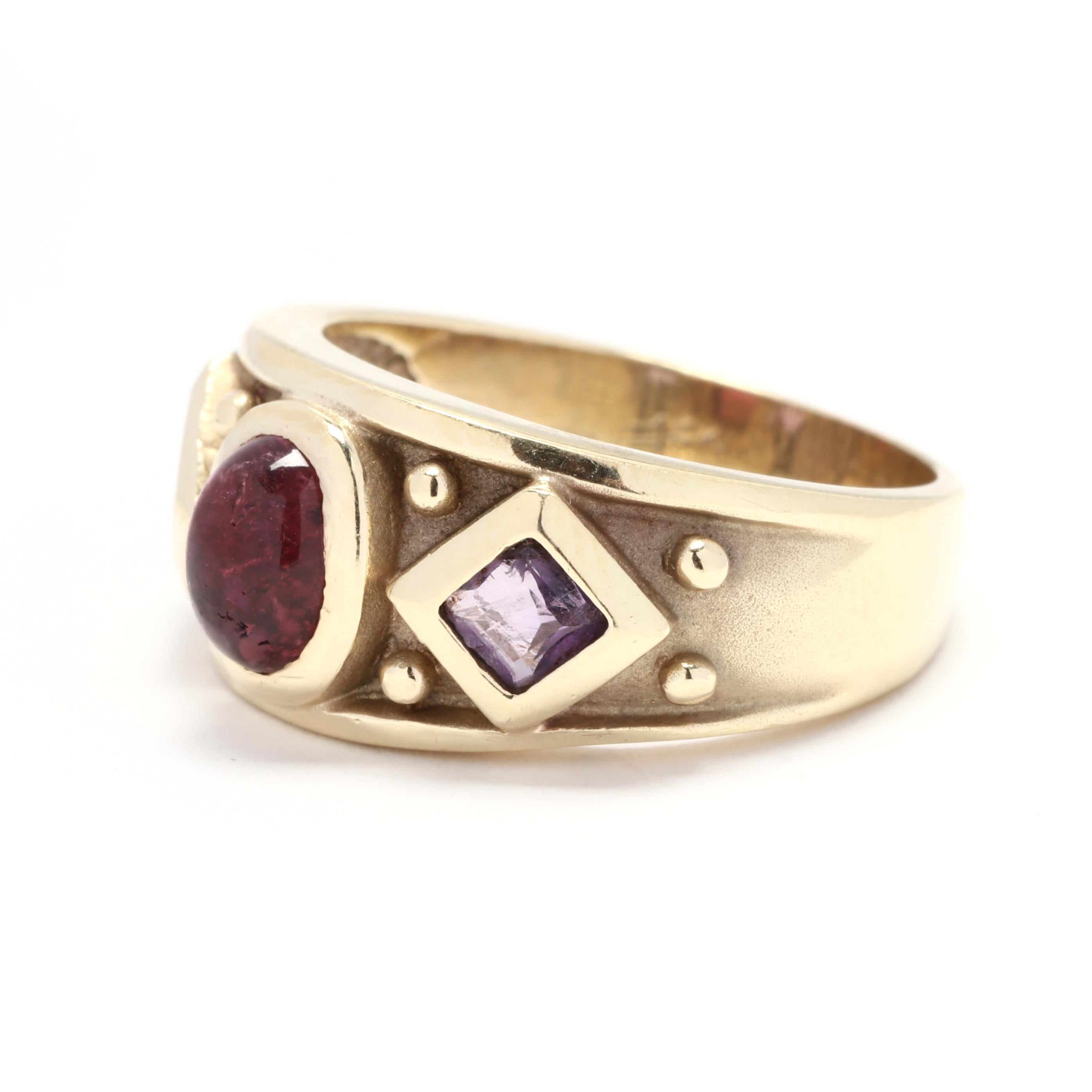 14 Karat Yellow Gold, Pink Tourmaline and Amethyst Wide Band Ring In Good Condition In McLeansville, NC