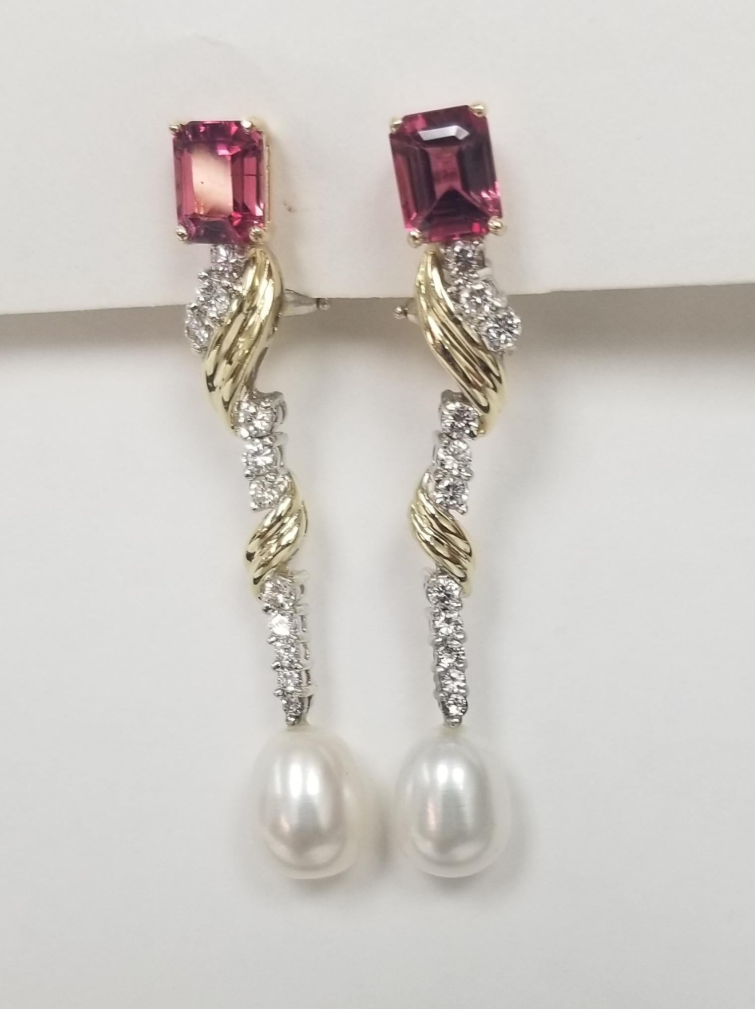 Contemporary 14k Yellow Gold Pink Tourmaline and Diamond Dangle Earrings For Sale