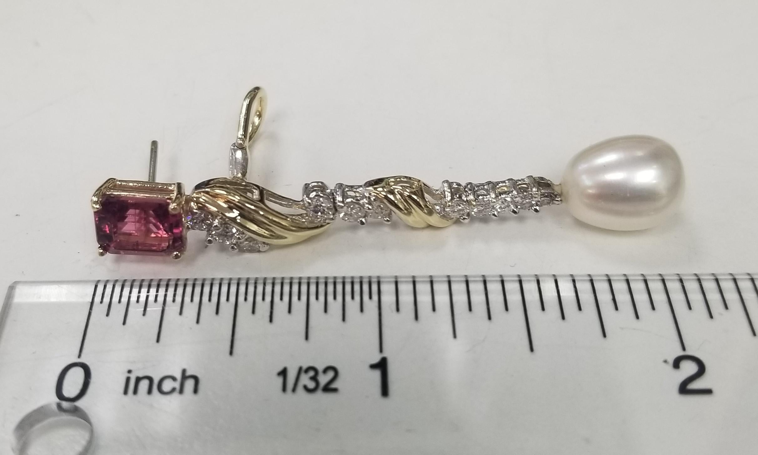 Emerald Cut 14k Yellow Gold Pink Tourmaline and Diamond Dangle Earrings For Sale