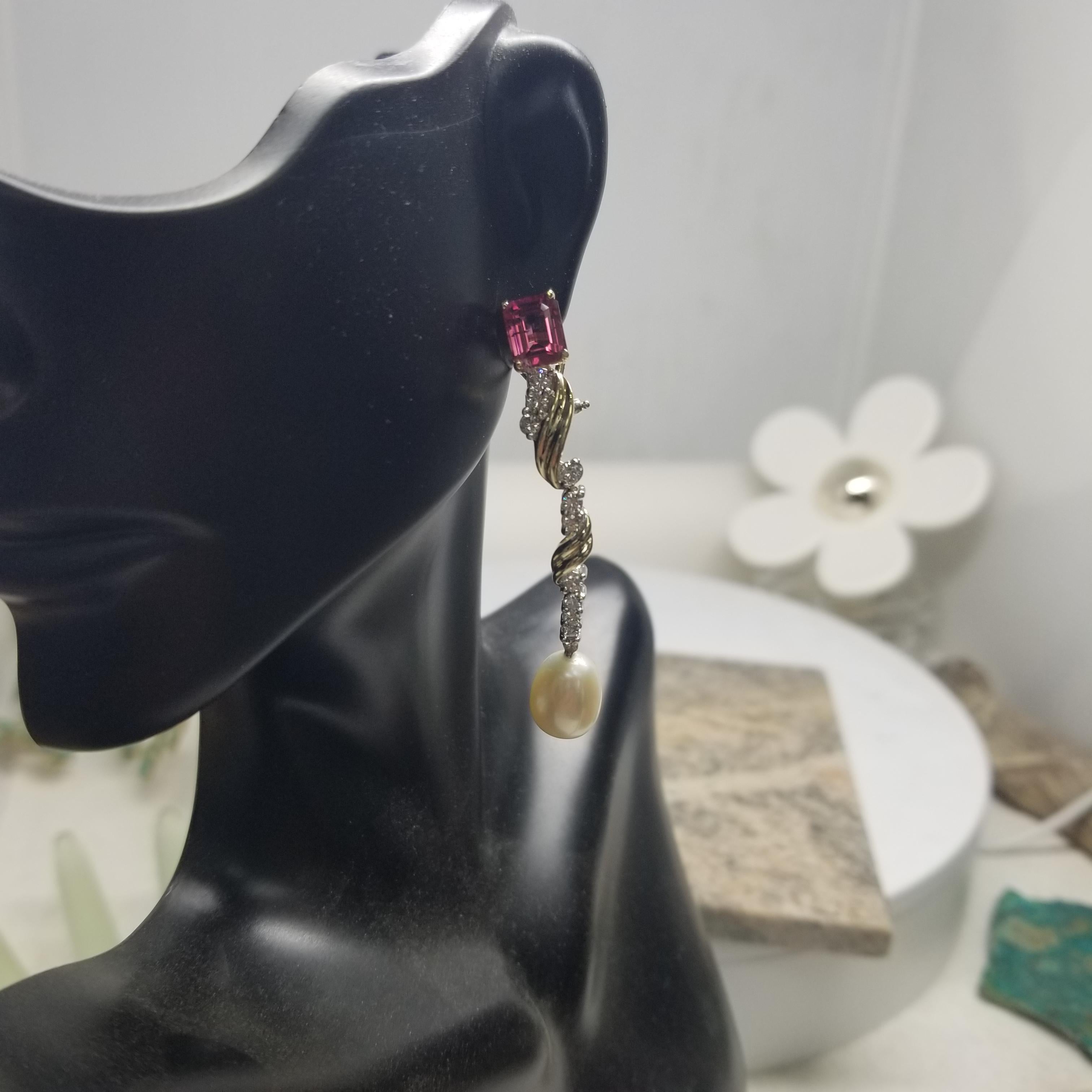 14k Yellow Gold Pink Tourmaline and Diamond Dangle Earrings For Sale 1