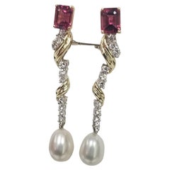 14k Yellow Gold Pink Tourmaline and Diamond Dangle Earrings