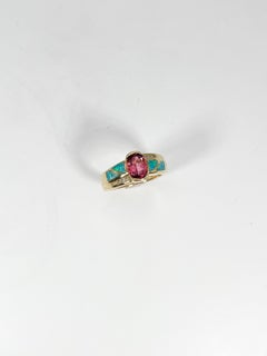 14K Yellow Gold Pink Tourmaline, Diamond and Opal Ring