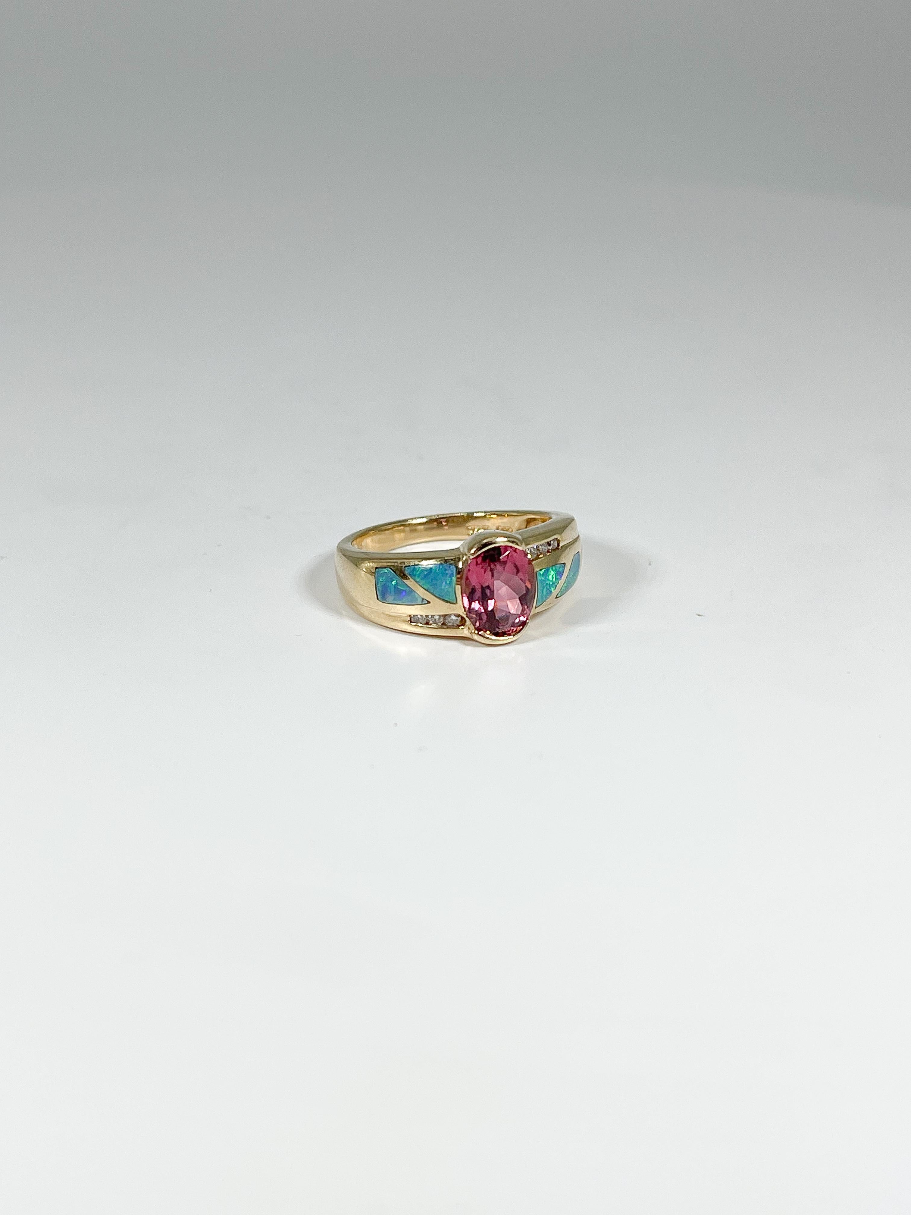 Oval Cut 14K Yellow Gold Pink Tourmaline, Diamond and Opal Ring  For Sale