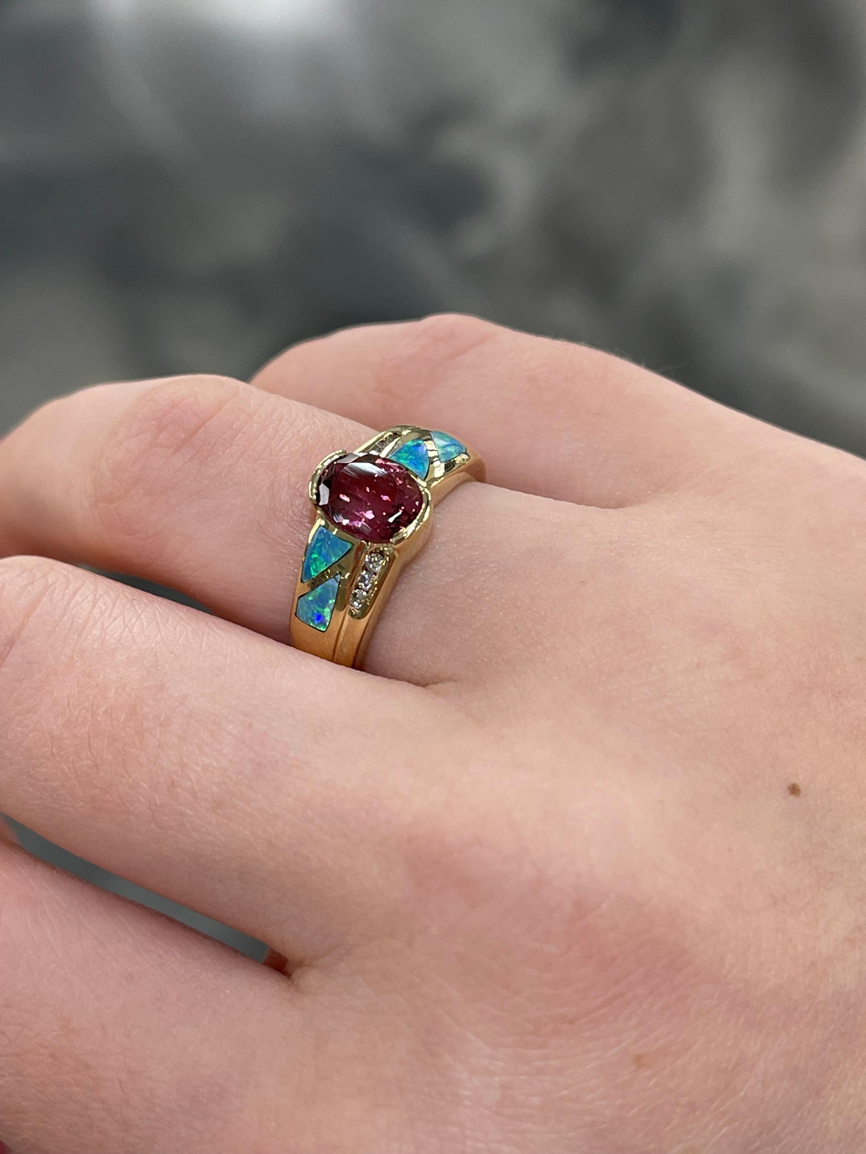 14K Yellow Gold Pink Tourmaline, Diamond and Opal Ring  In Excellent Condition For Sale In Stuart, FL