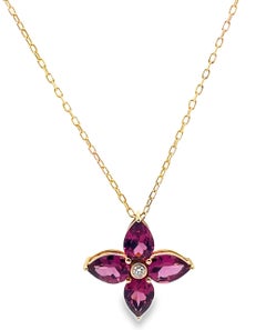14K Gelbgold Pink Turmalin Blume Pinwheel Halskette mit runden Diamanten