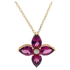14K Gelbgold Pink Turmalin Blume Pinwheel Halskette mit runden Diamanten