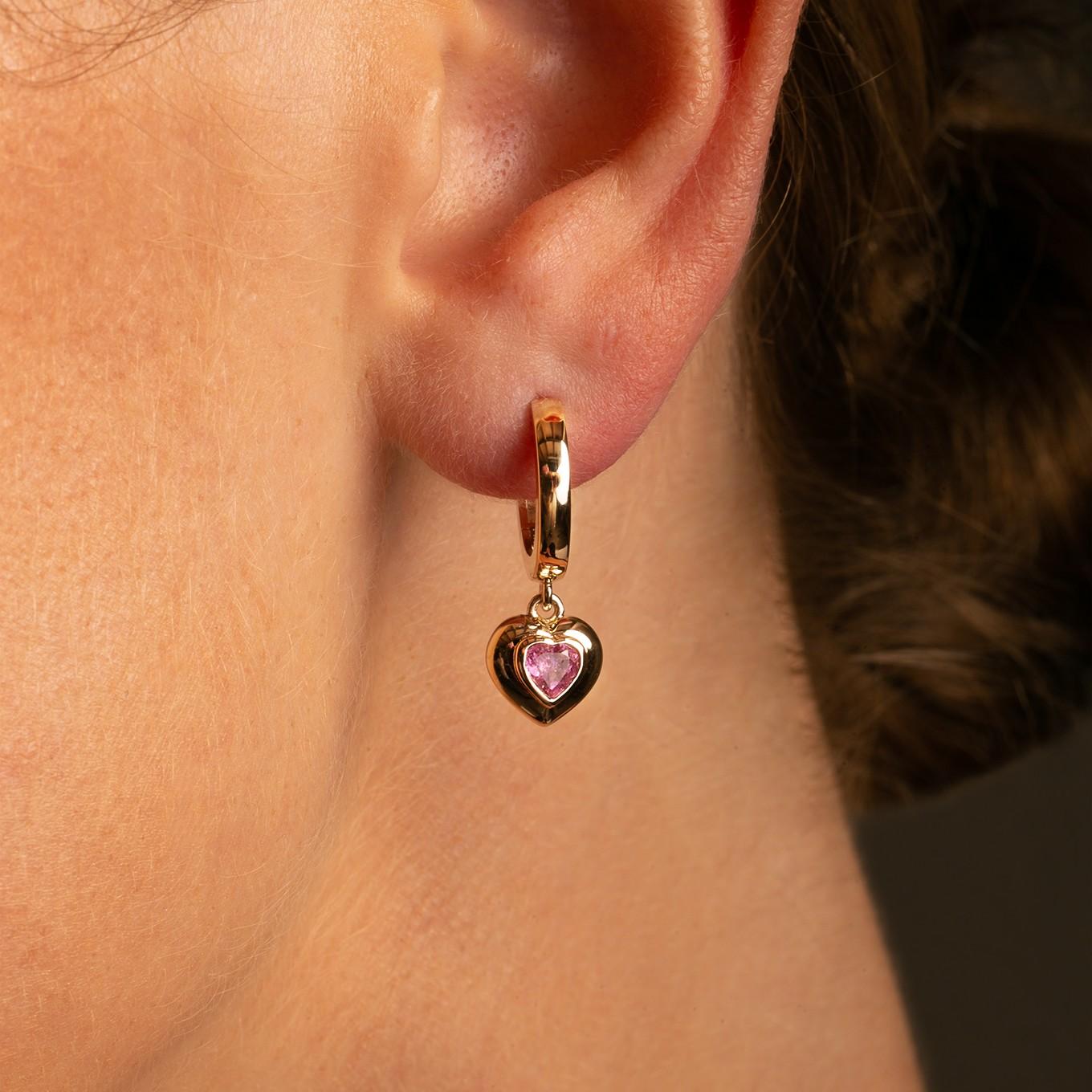 Heart Cut 14k Yellow Gold Pink Tourmaline Heart Drop Hoop Earrings For Sale