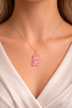 14K Yellow Gold Pink Translucent Resin Gummy Bear Pendant Necklace