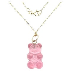 14K Yellow Gold Pink Translucent Resin Gummy Bear Pendant Necklace