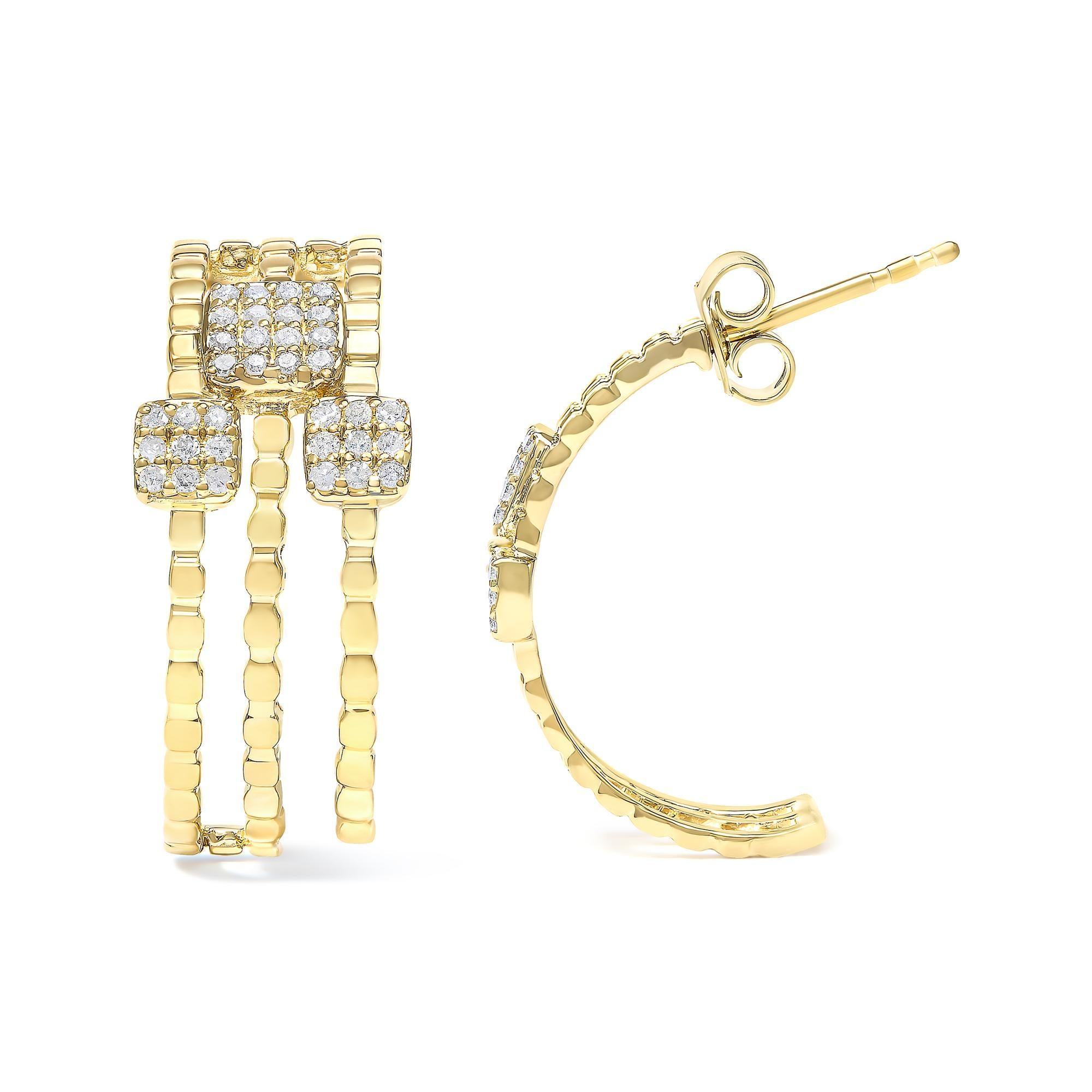 Moderne Boucles d'oreilles multidimensionnelles en or jaune 14 carats plaqué argent 925 carats avec diamants 1/4 carat en vente