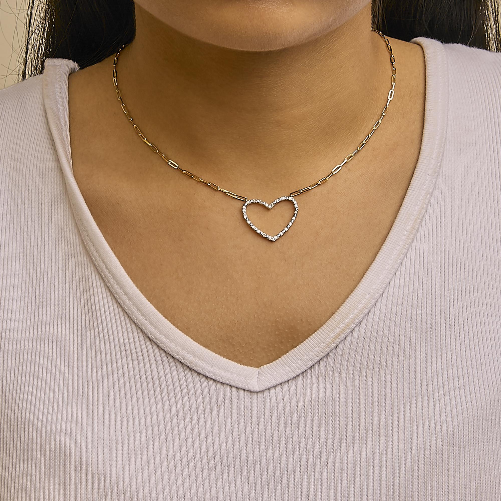 Taglio rotondo Collana con catena a cuore aperto in argento 925 placcato oro giallo 14K con diamanti da 1/4 di carato in vendita