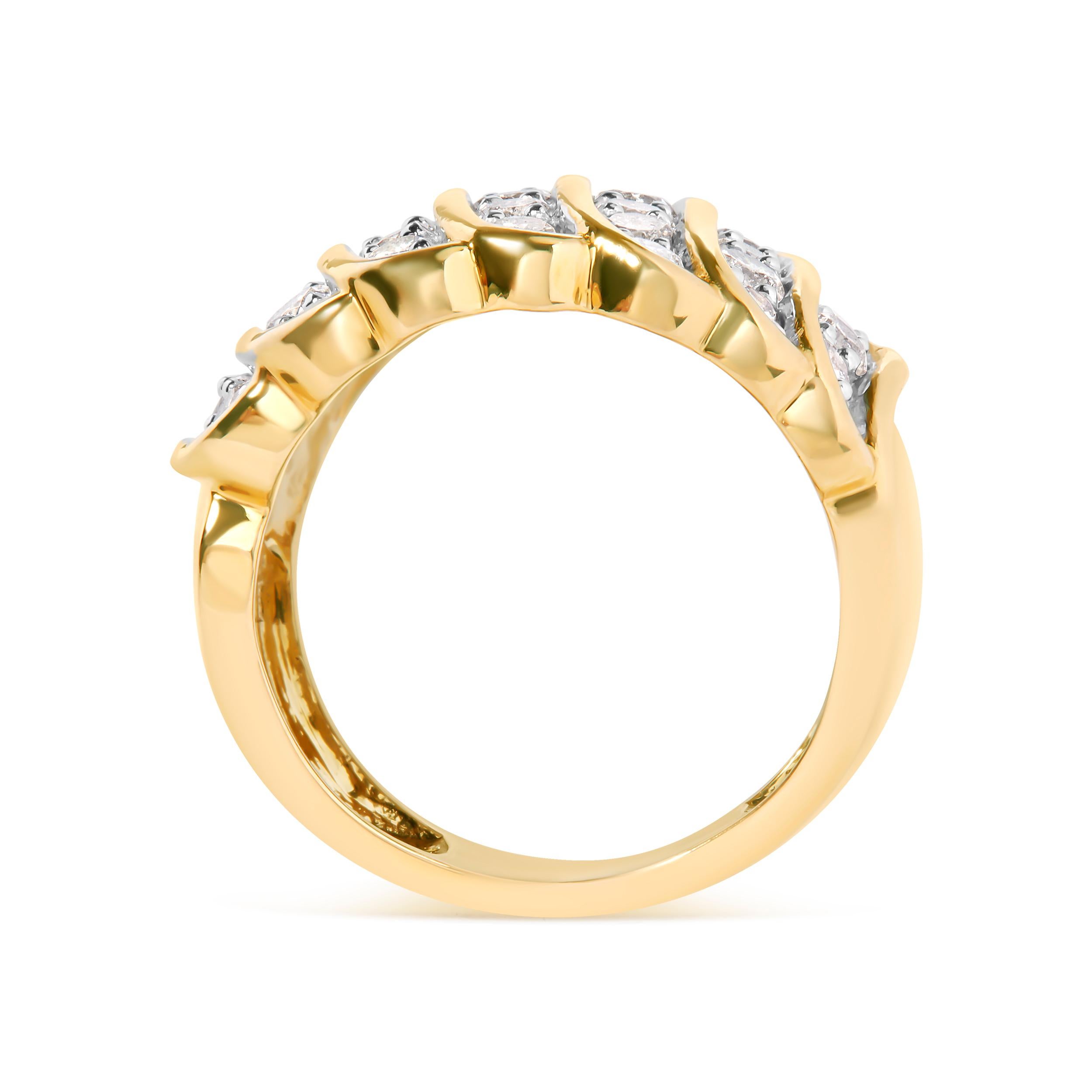 Strikingly beautiful, this stunning multi-row diamond band ring is crafted from genuine .925 sterling silver and plated with sparkling 14k yellow gold, a metal that will stay tarnish free for years to come! The ring has a vertical multi-row design