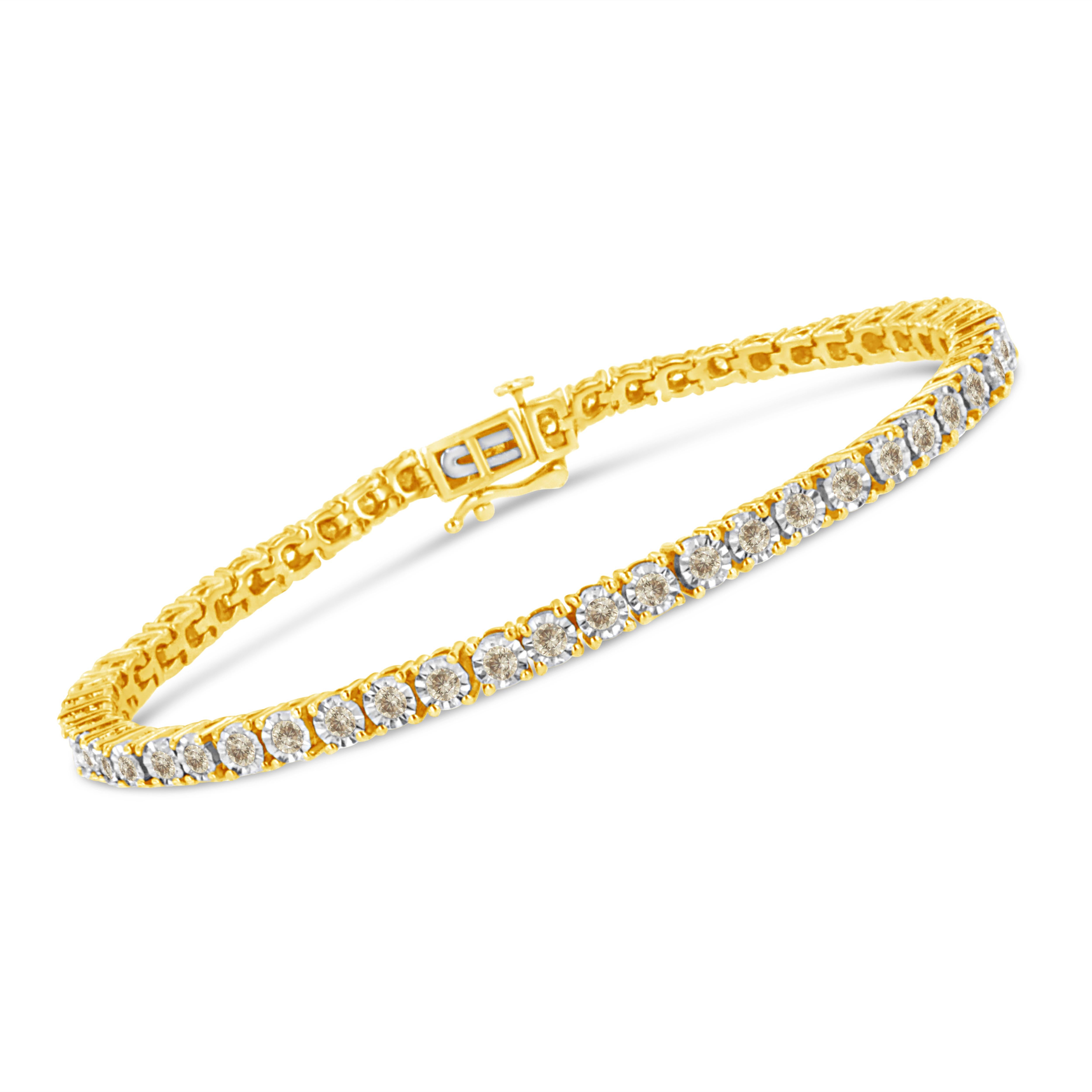 This tennis bracelet is a classic and will look glamorous on your wrist! This gorgeous piece is crafted from warm weaves of 14k yellow gold plated .925 sterling silver. Boasting an impressive a total diamond weight of 3 cttw, this piece is set with