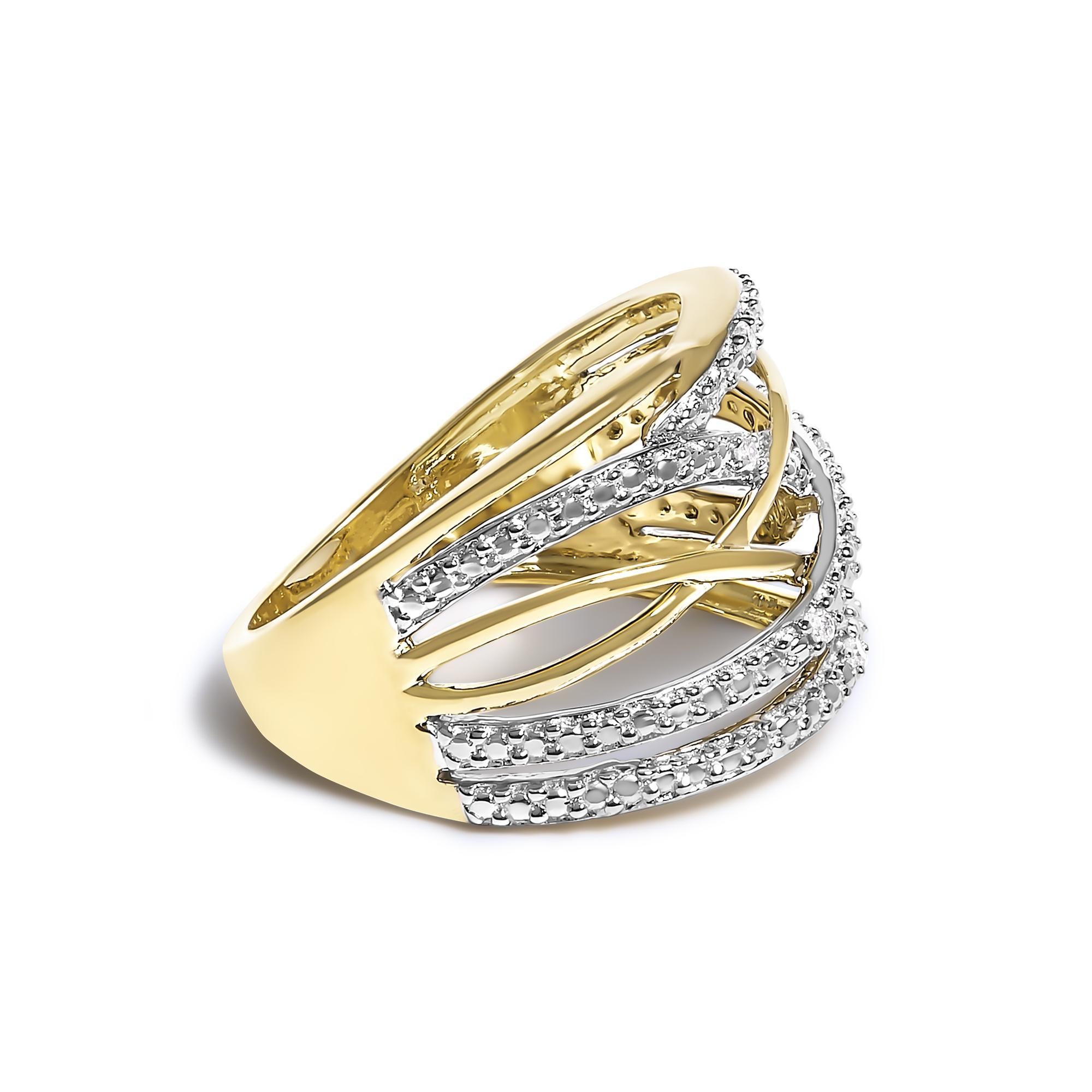 Elegantly woven from .925 sterling silver, this enchanting crossover ring is 14K Yellow Gold plated to give the ring its warm, yellow glow. The masterpiece intertwines multiple bands in a captivating dance, conjuring images of eternal, intertwining