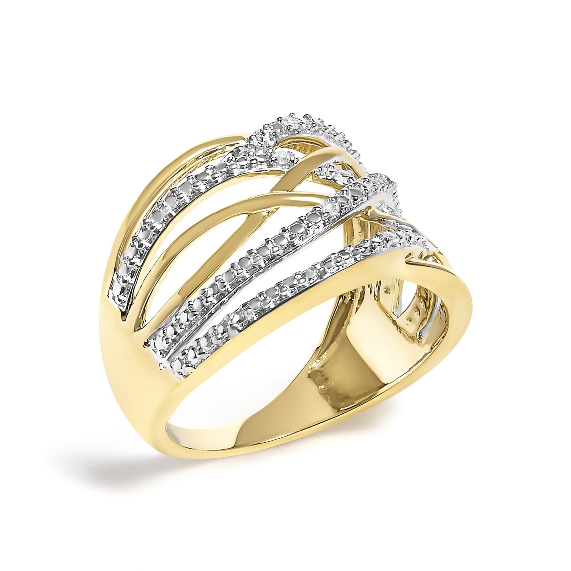 Moderne 14K Yellow Gold Plated .925 Sterling Silver Diamond Accent Crossover Ring en vente