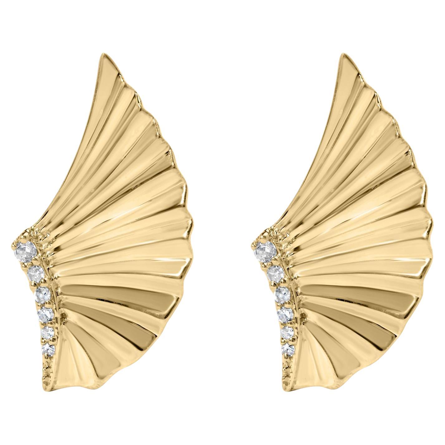14K Yellow Gold Plated .925 Sterling Silver Diamond Accent Fan Wing Stud Earring For Sale