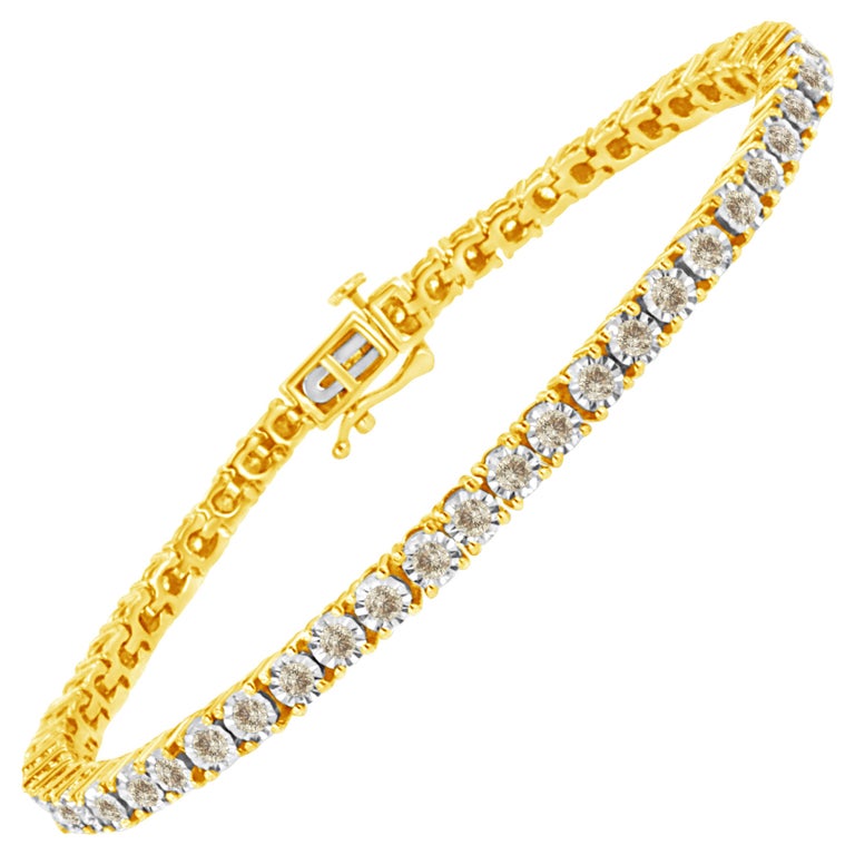 14K Yellow Gold Plated .925 Sterling Silver Diamond Tennis Bracelet For