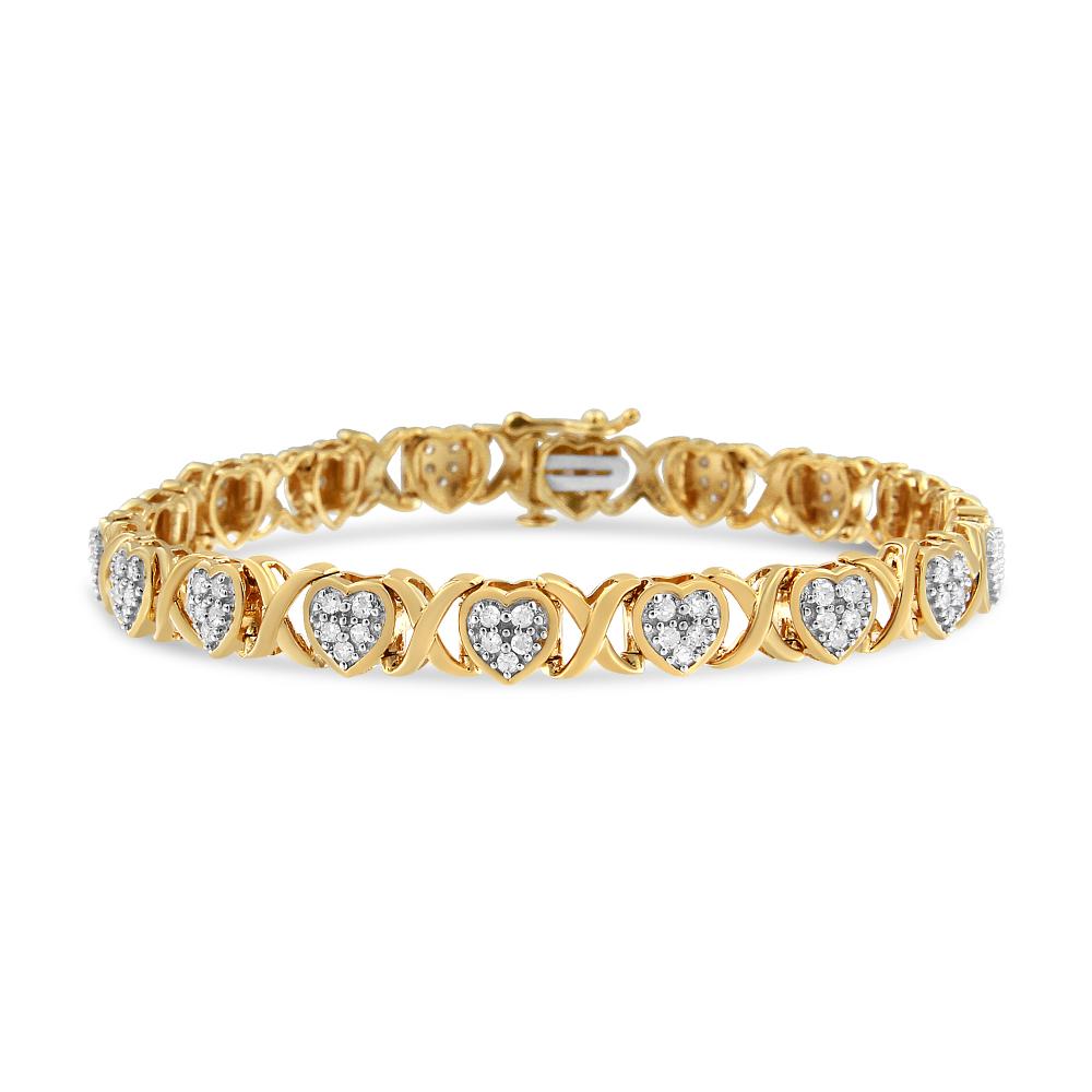 Contemporary 14K Yellow Gold Plated over Silver 1.0 Carat Diamond Heart and X Link Bracelet For Sale