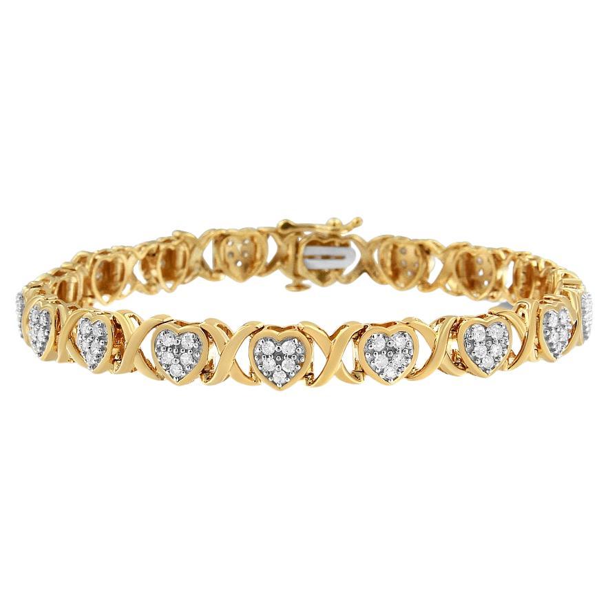 14K Gelbgold vergoldet über Silber 1,0 Karat Diamant Herz und X Gliederarmband im Angebot