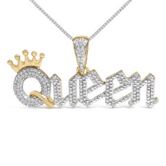 14K Yellow Gold Plated Silver 1/10 Ct Diamond "Queen" Nameplate Pendant Necklace