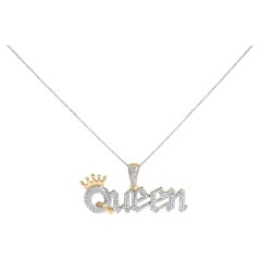 14K Yellow Gold Plated Silver 1/10 Ct Diamond "Queen" Nameplate Pendant Necklace