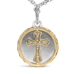14K Yellow Gold Plated Silver 1/10 Cttw Diamond Cross Medallion Pendant Necklace