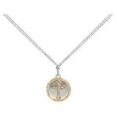 14K Yellow Gold Plated Silver 1/10 Cttw Diamond Cross Medallion Pendant Necklace