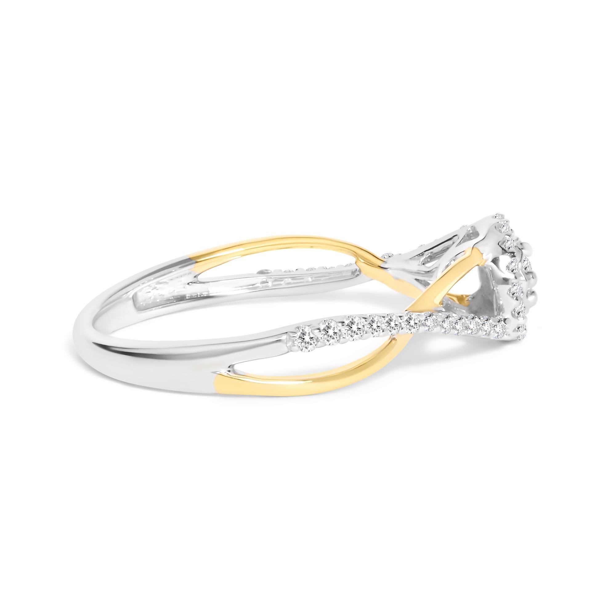Avvolto nell'eleganza e racchiuso in un moderno romanticismo, questo ipnotico anello di fidanzamento è caratterizzato da una squisita miscela di argento 925 placcato in oro giallo 14 carati, intrecciata con scintillanti accenti d'argento, che