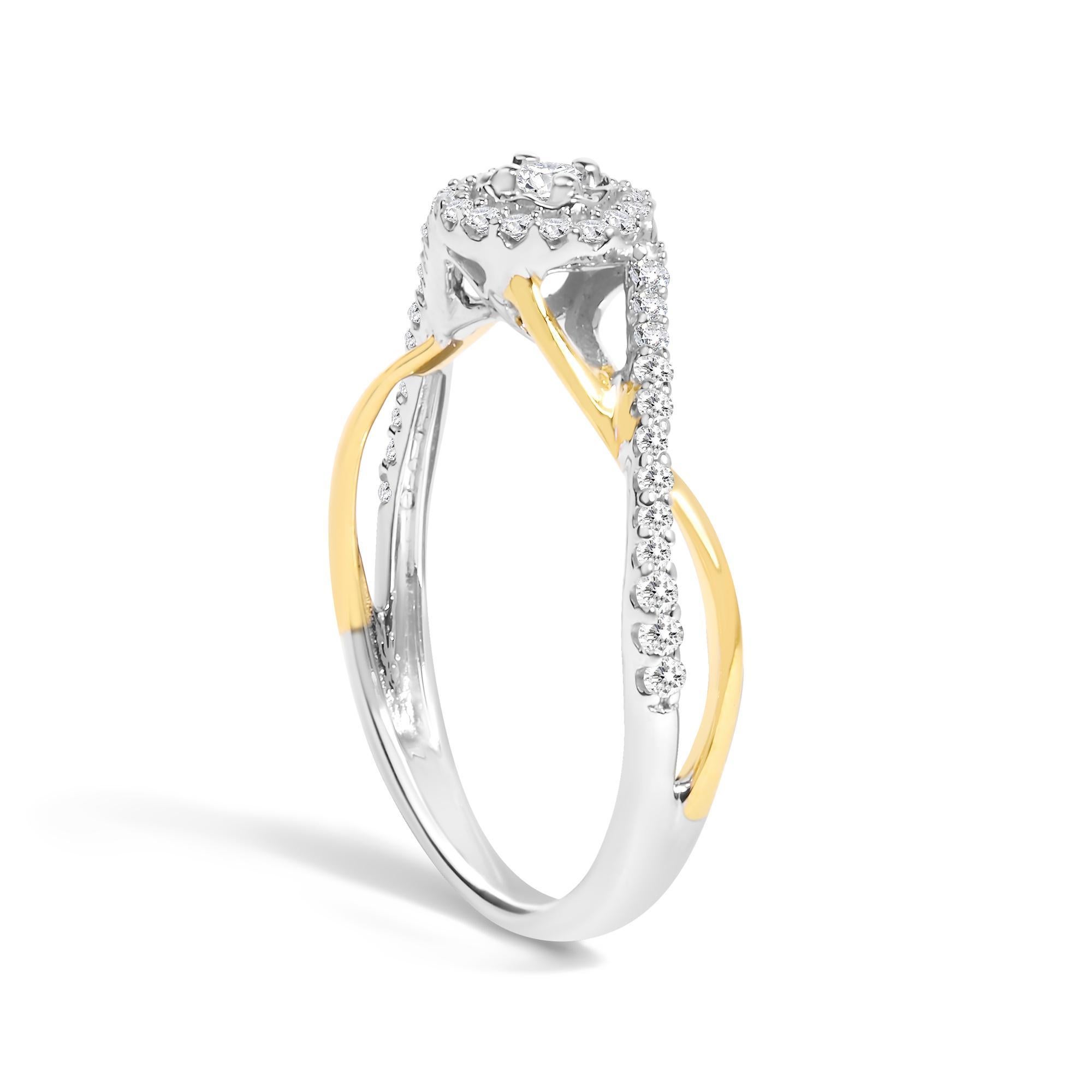 Taglio rotondo Anello Promessa con diamante bypass e aureola in argento placcato oro giallo 14K da 1/4 Cttw in vendita