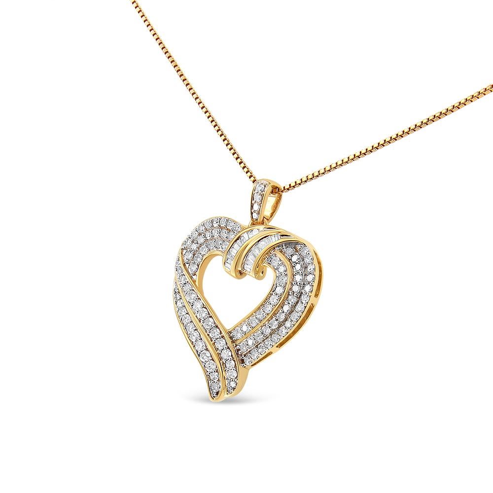 Delight her with this gorgeous diamond heart pendant. Created in sterling silver with a warm plating of 14k Yellow Gold, this glamorous heart-shaped outline features a diamond-lined double ribbon sparkling between triple rows of diamonds. Ribbons of