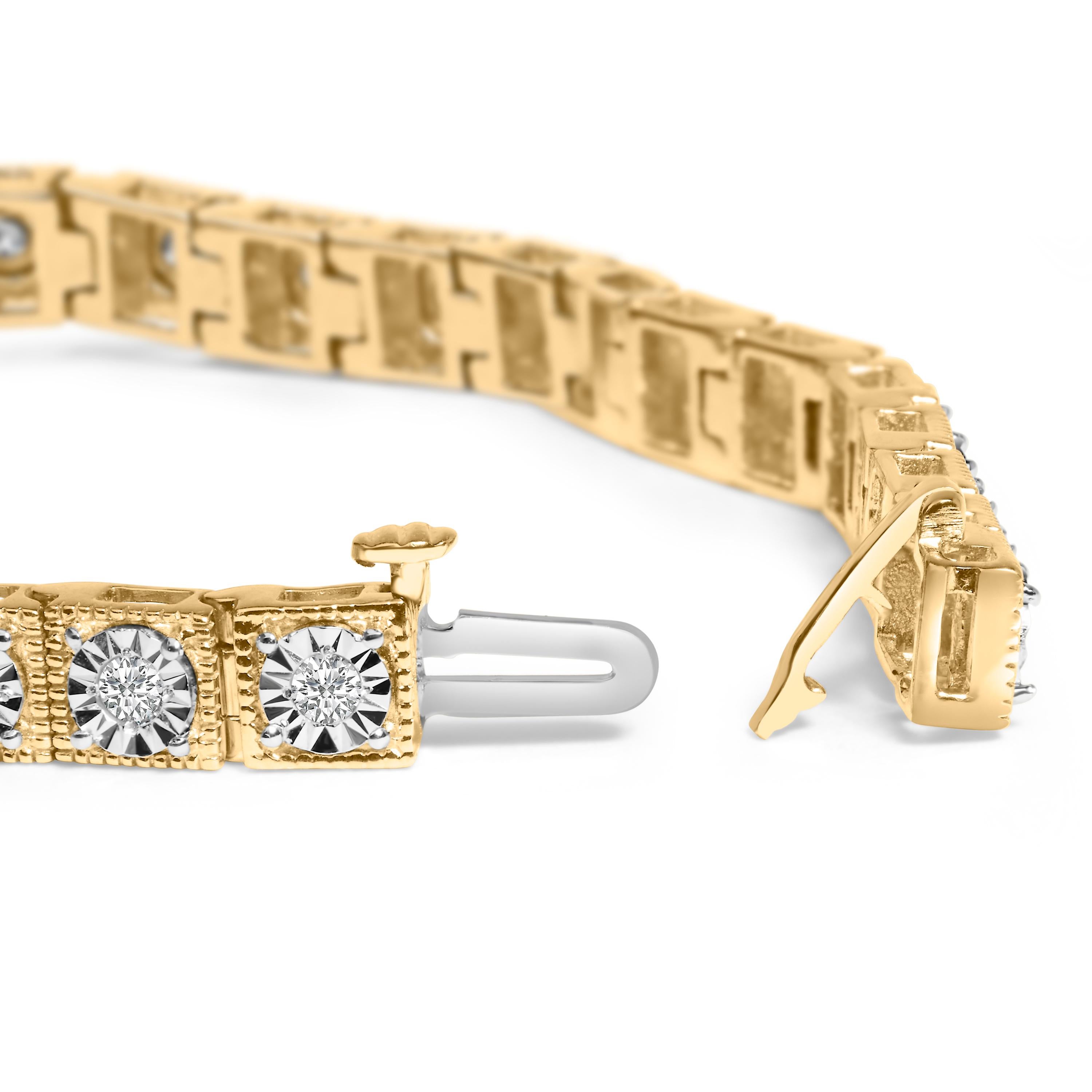 Discover elegance that dances in the light with this .925 sterling silver tennis bracelet, lavishly plated in radiant 14K yellow gold. Designed to dazzle, each link of this 7-inch masterpiece features a miracle set diamond, collectively totaling 1.0