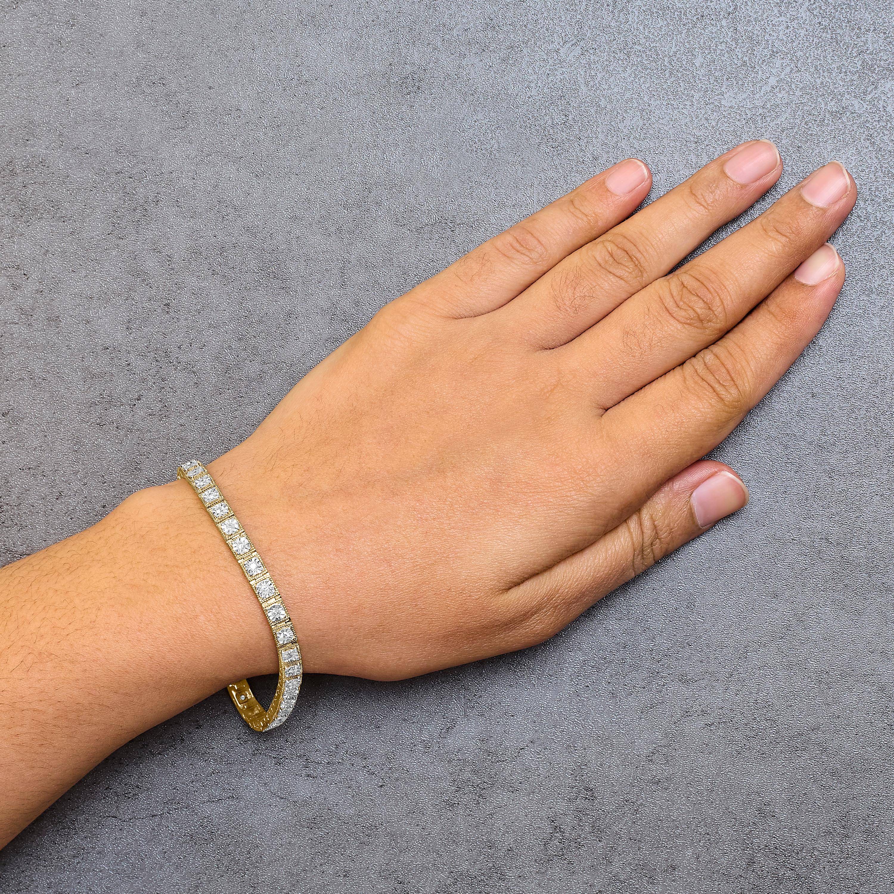 14K Yellow Gold Plated Silver 1.0 Cttw Diamond Milgrain Link Tennis Bracelet In New Condition For Sale In New York, NY
