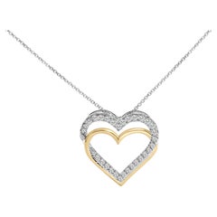 14K Yellow Gold Plated Silver 1.00 Cttw Diamond Double Heart Pendant Necklace