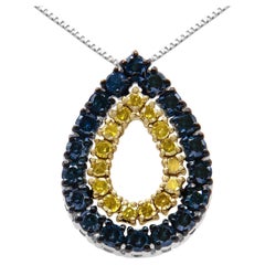 Collier pendentif double poire en argent plaqué or jaune 14 carats avec diamants bleus et jaunes