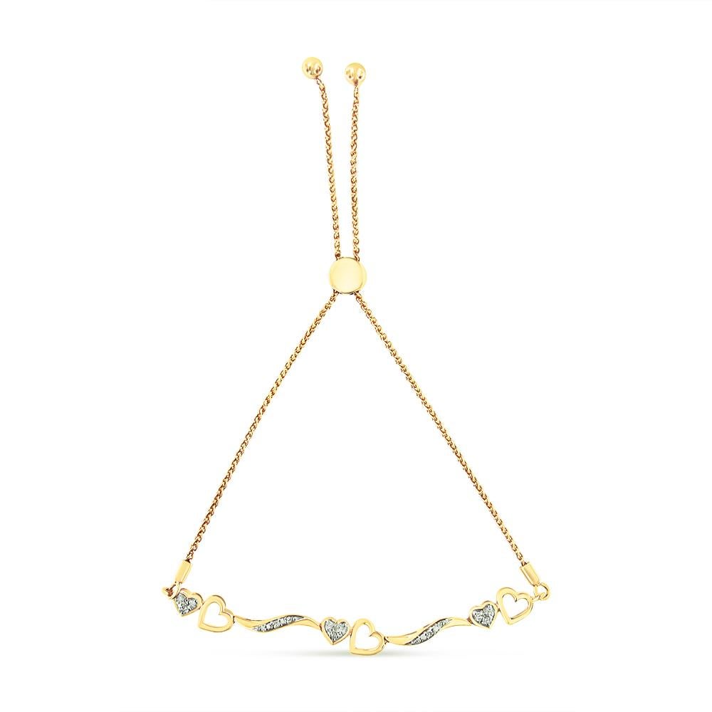 Moderne Bracelet Bolo en or jaune 14 carats plaqué argent avec diamants accentués en forme de cœur et de vague en vente