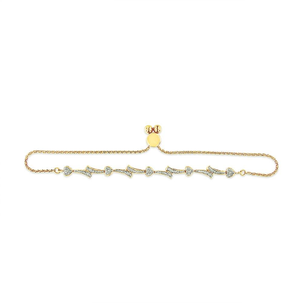 Taille ronde Bracelet Bolo en or jaune 14 carats plaqué argent avec diamants accentués en forme de cœur et de vague en vente