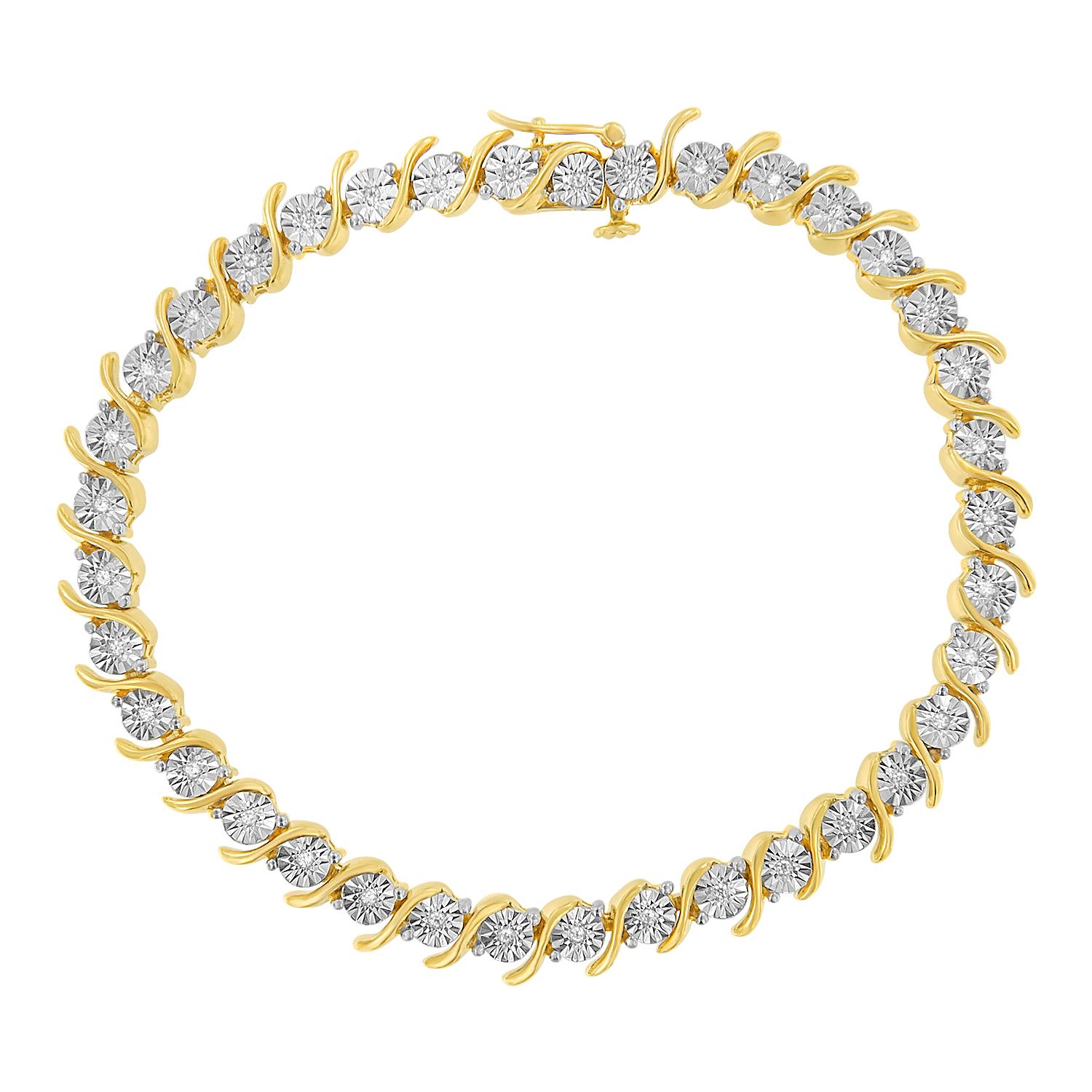 Elegant and timeless, this gorgeous 92.5% sterling silver tennis bracelet features 0.1 carat total weight of natural round brilliant cut white diamonds with 18 individual stones in all. The tennis bracelet has each diamond set into a faceted bezel