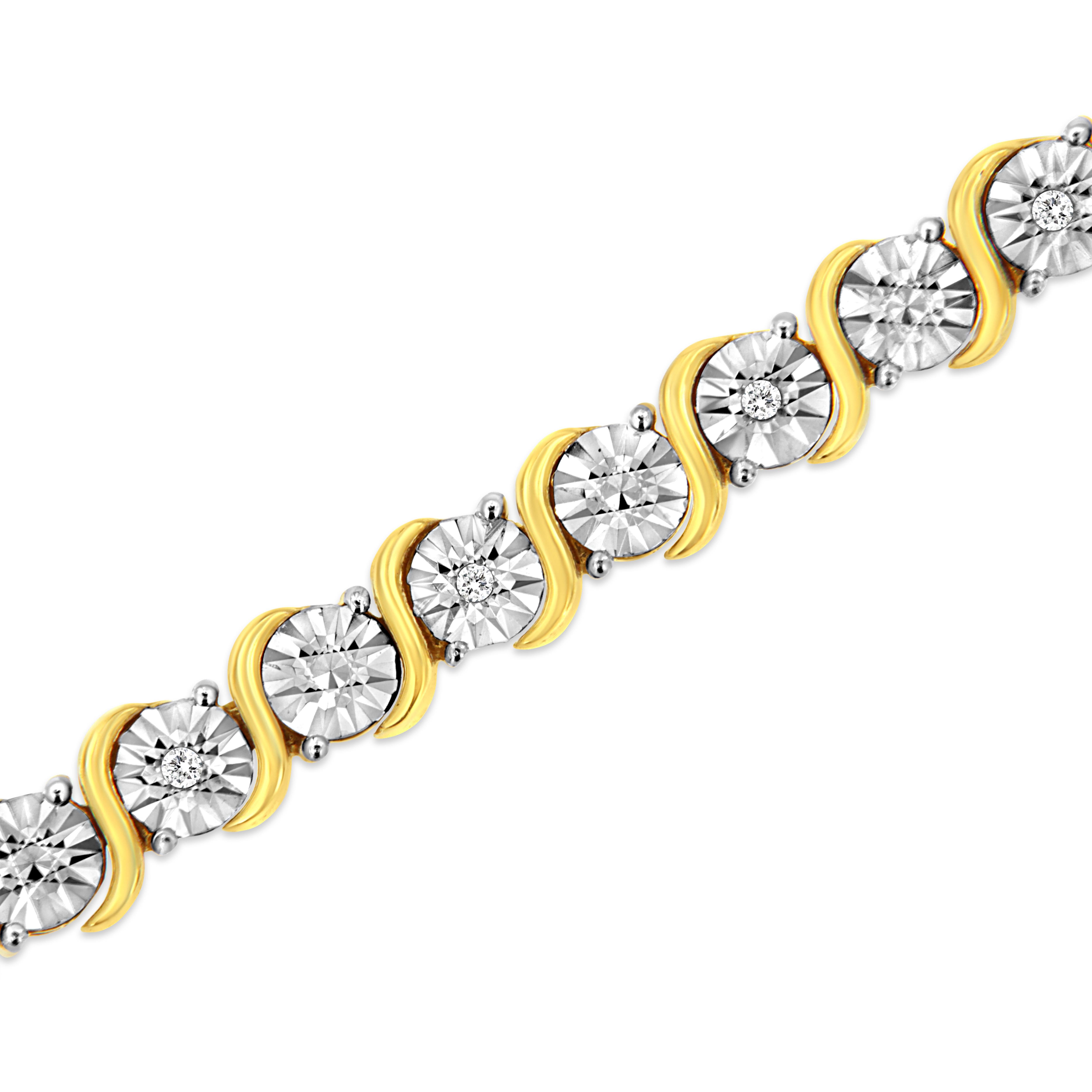Round Cut 14K Yellow Gold Plated Sterling Silver 1/10 Carat Diamond Link Tennis Bracelet For Sale