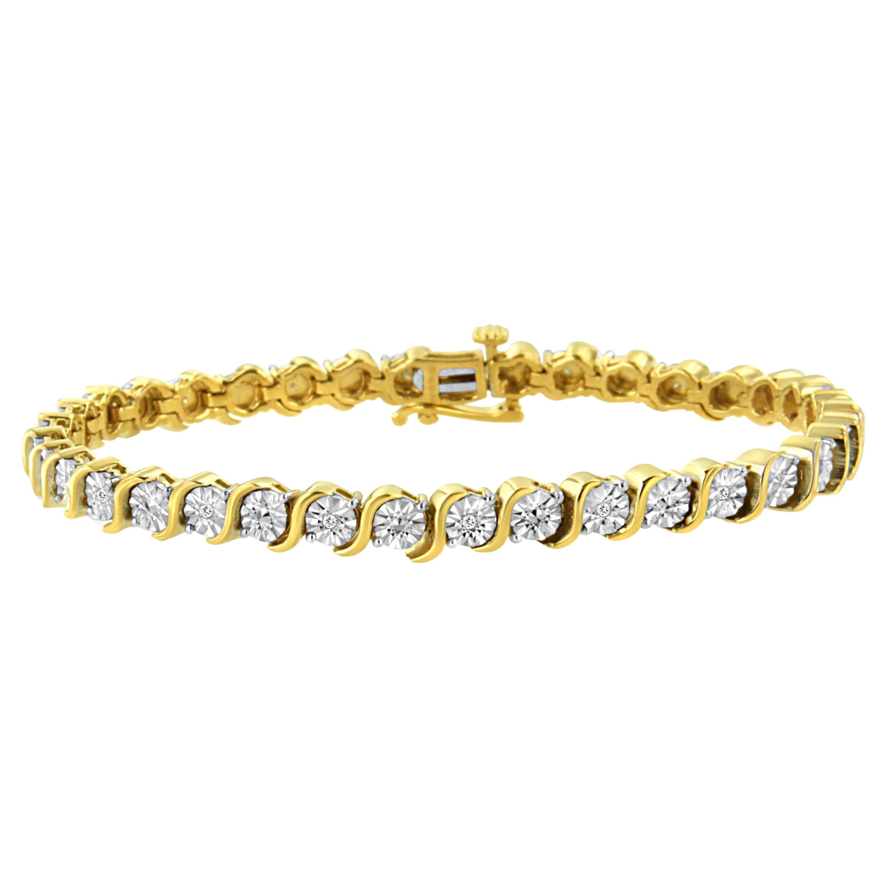 14K Yellow Gold Plated Sterling Silver 1/10 Carat Diamond Link Tennis Bracelet For Sale