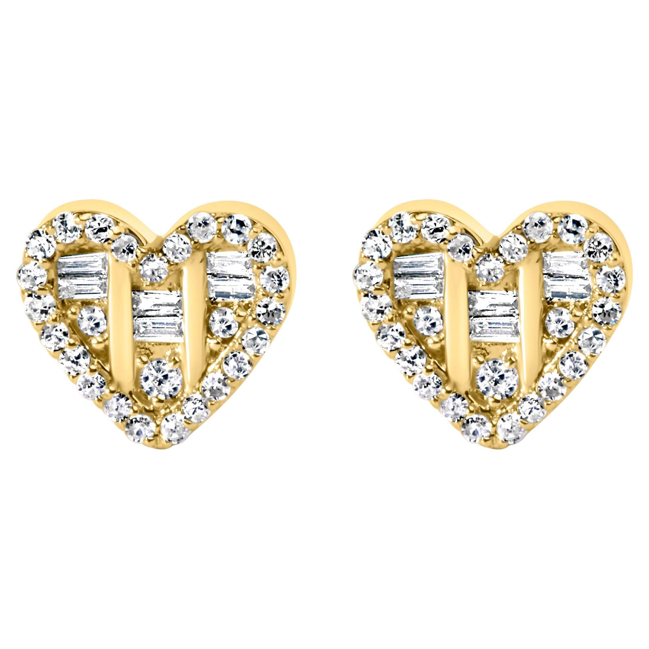 14K Yellow Gold Plated Sterling Silver 1/2 Ct Diamond Heart Shaped Stud Earrings