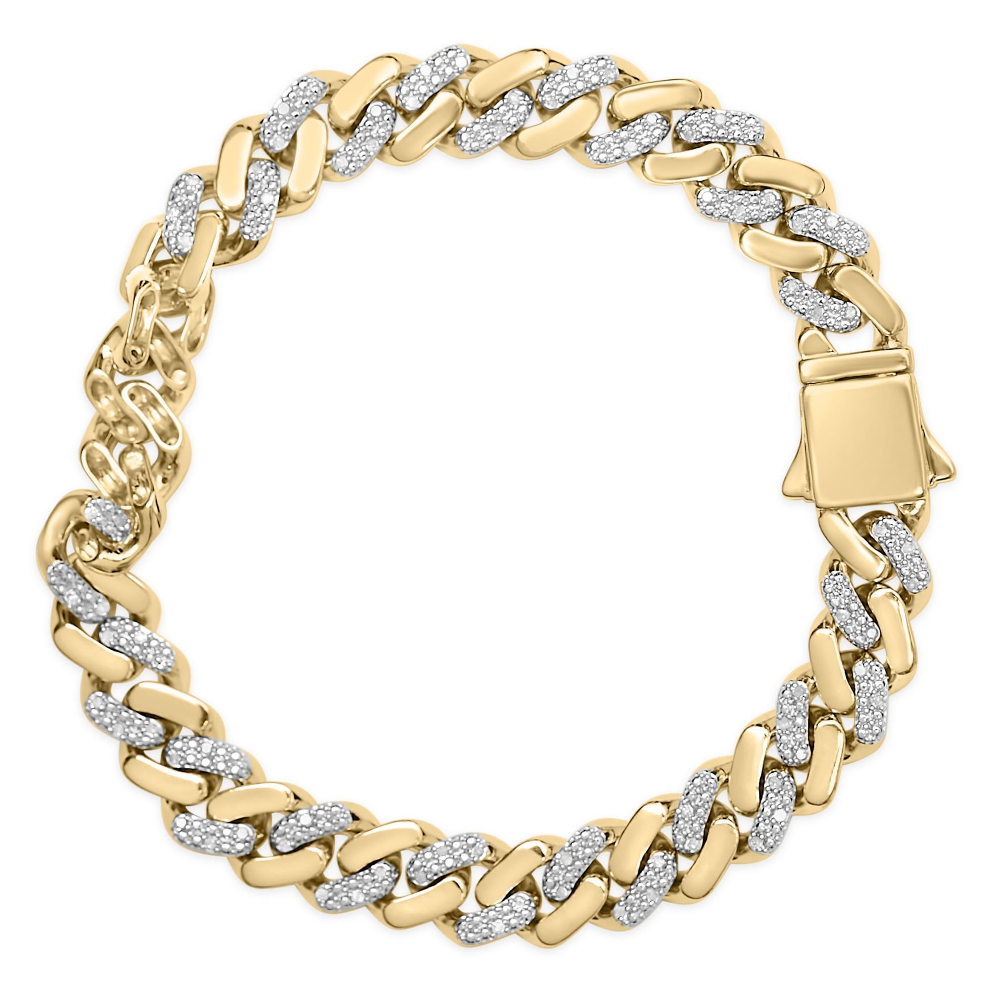 Pulsera de cadena cubana con bordillo de plata de ley chapada en oro amarillo de 14 quilates y 1/2 qt de diamantes Moderno en venta