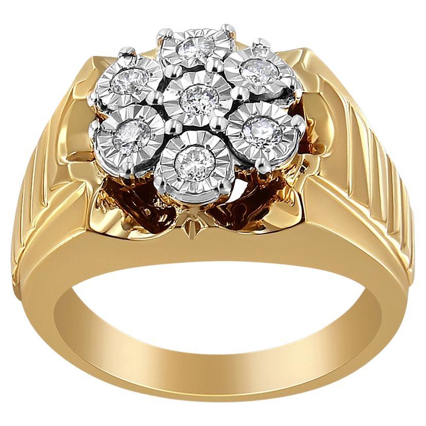 Im Angebot: 14K Gelbgold Platin Sterlingsilber 1 / 3 Karat Floral Diamant-Cluster-Ring ()