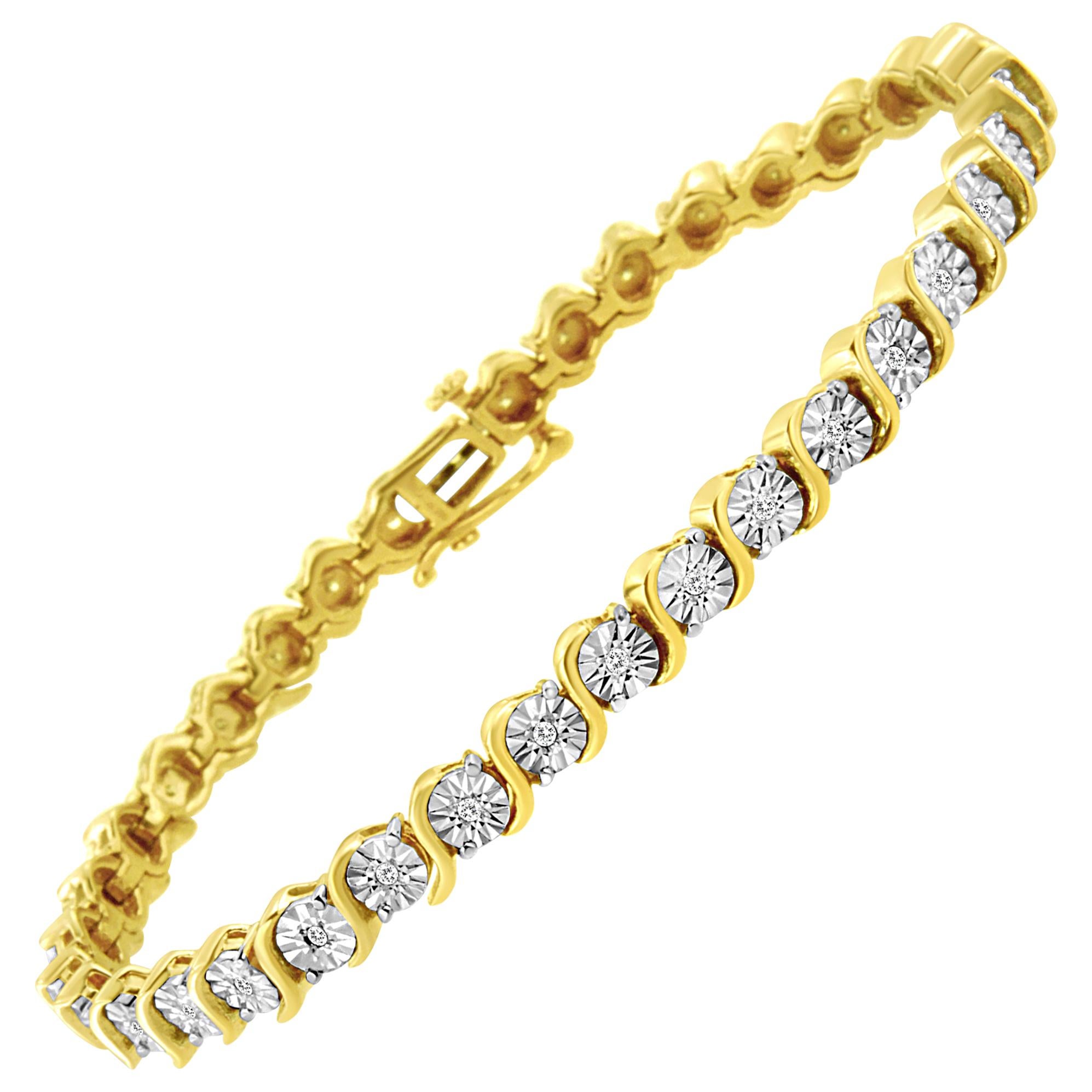 14K Yellow Gold Plated Sterling Silver 1/4 Cttw Diamond "S" Link Tennis Bracelet