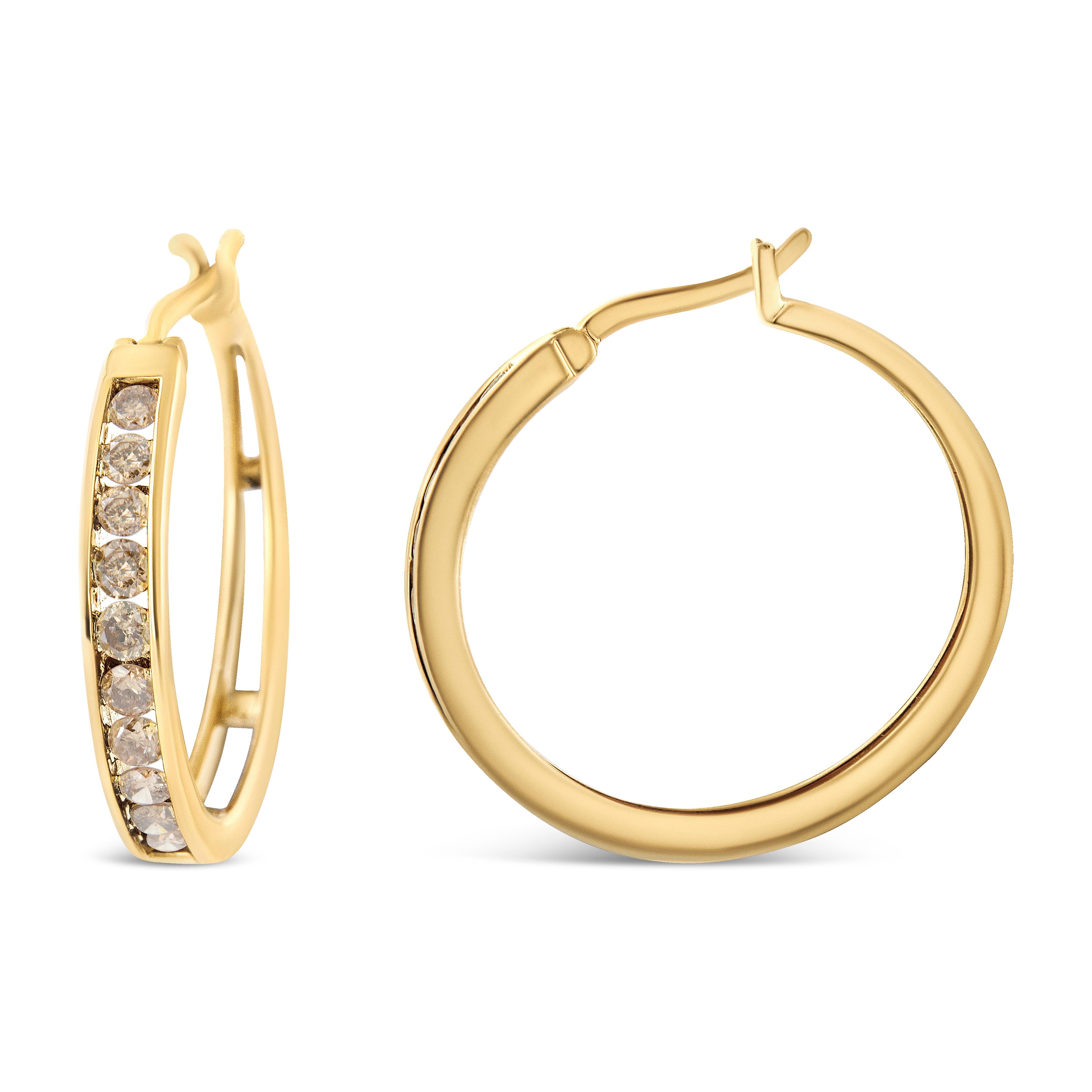 Modern 14K Yellow Gold Plated Sterling Silver 1.0 Carat Champagne Diamond Hoop Earrings For Sale
