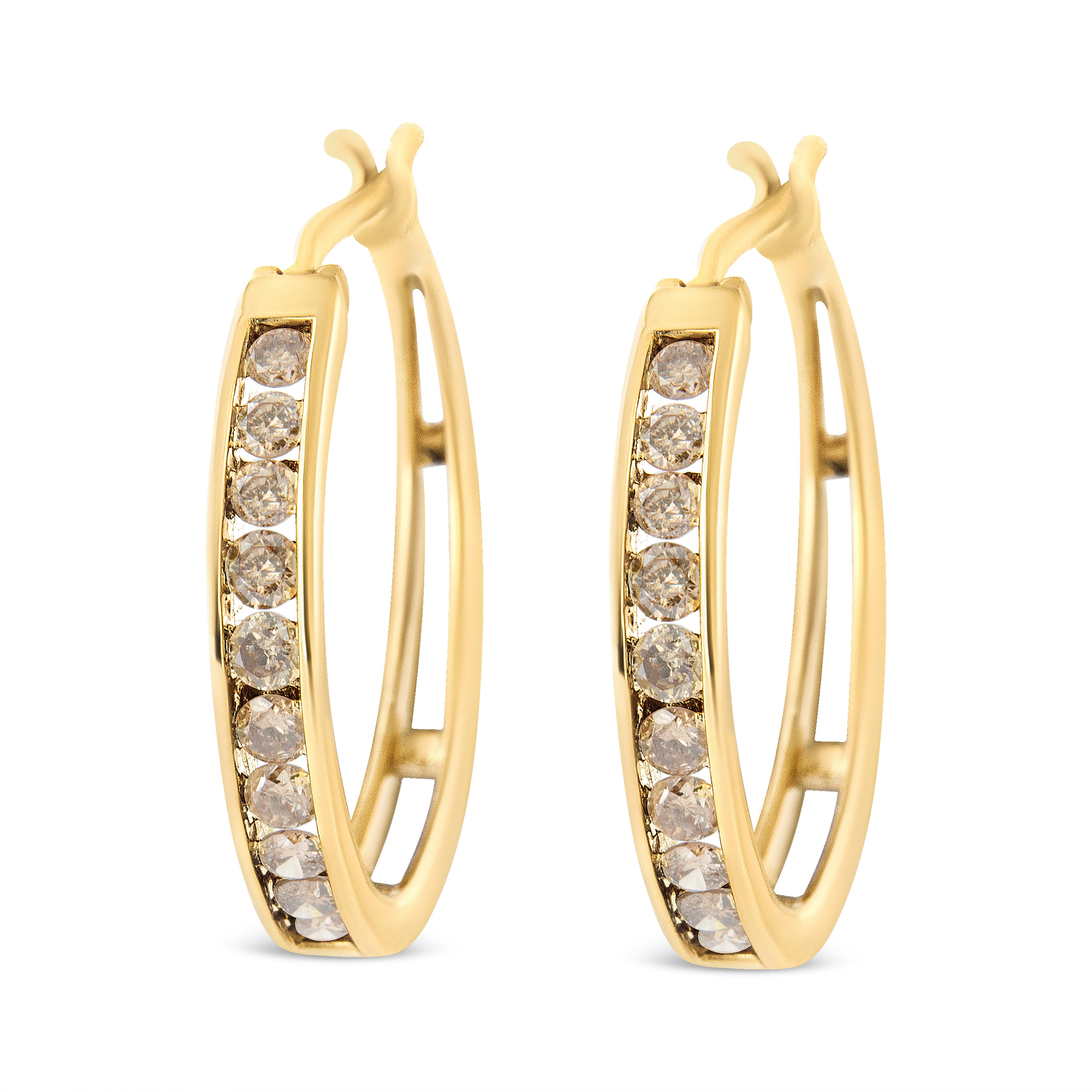 14K Yellow Gold Plated Sterling Silver 1.0 Carat Champagne Diamond Hoop Earrings For Sale