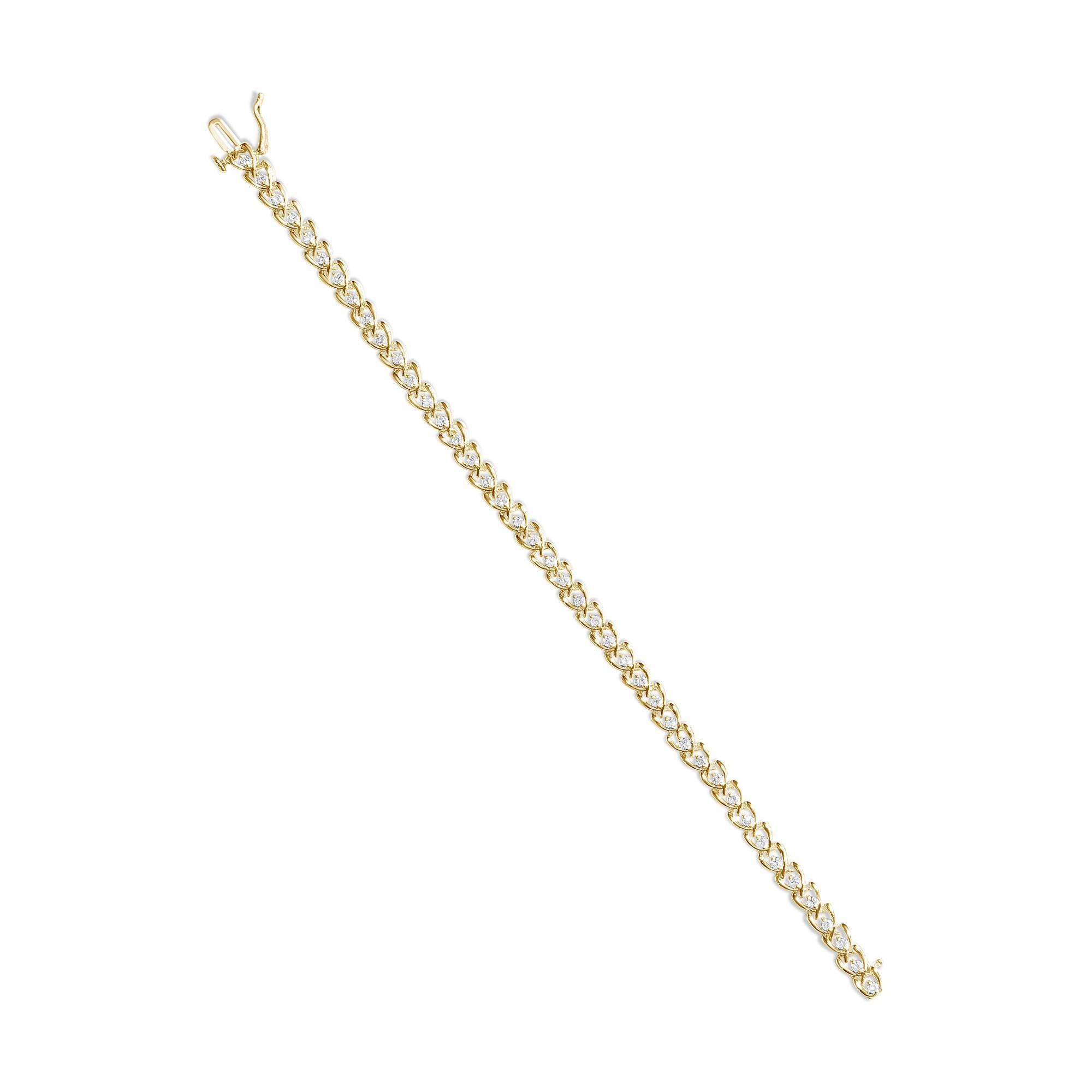Taille ronde Bracelet à maillons en forme de C en or jaune 14 carats plaqué argent sterling avec diamants 1,0 carat au total en vente