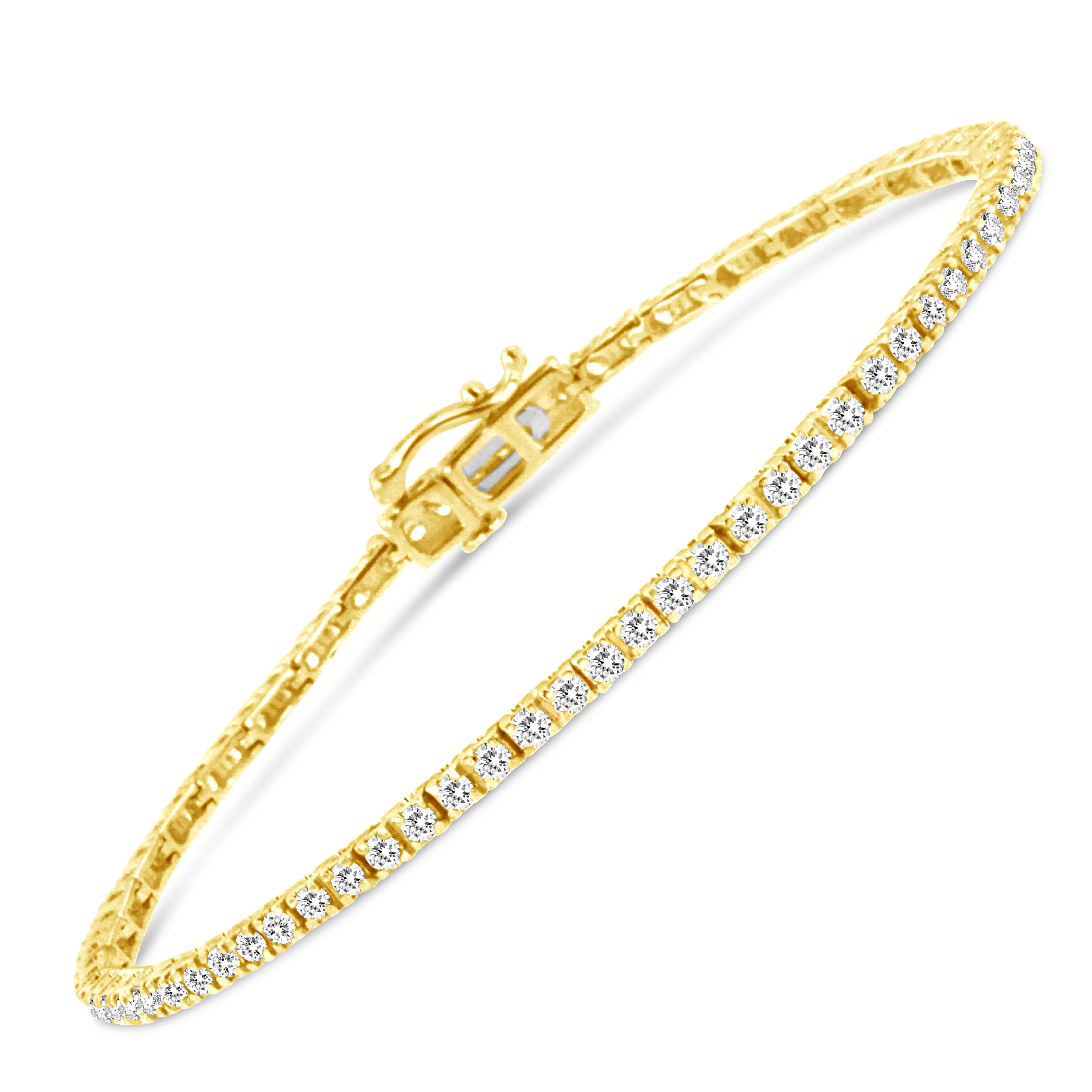 A story of pure elegance, this classic diamond tennis bracelet showcases brilliant diamonds that are set in an enduring 14k yellow gold plated .925 sterling silver. This classic and elegant tennis bracelet has a dramatic shimmery appearance with a