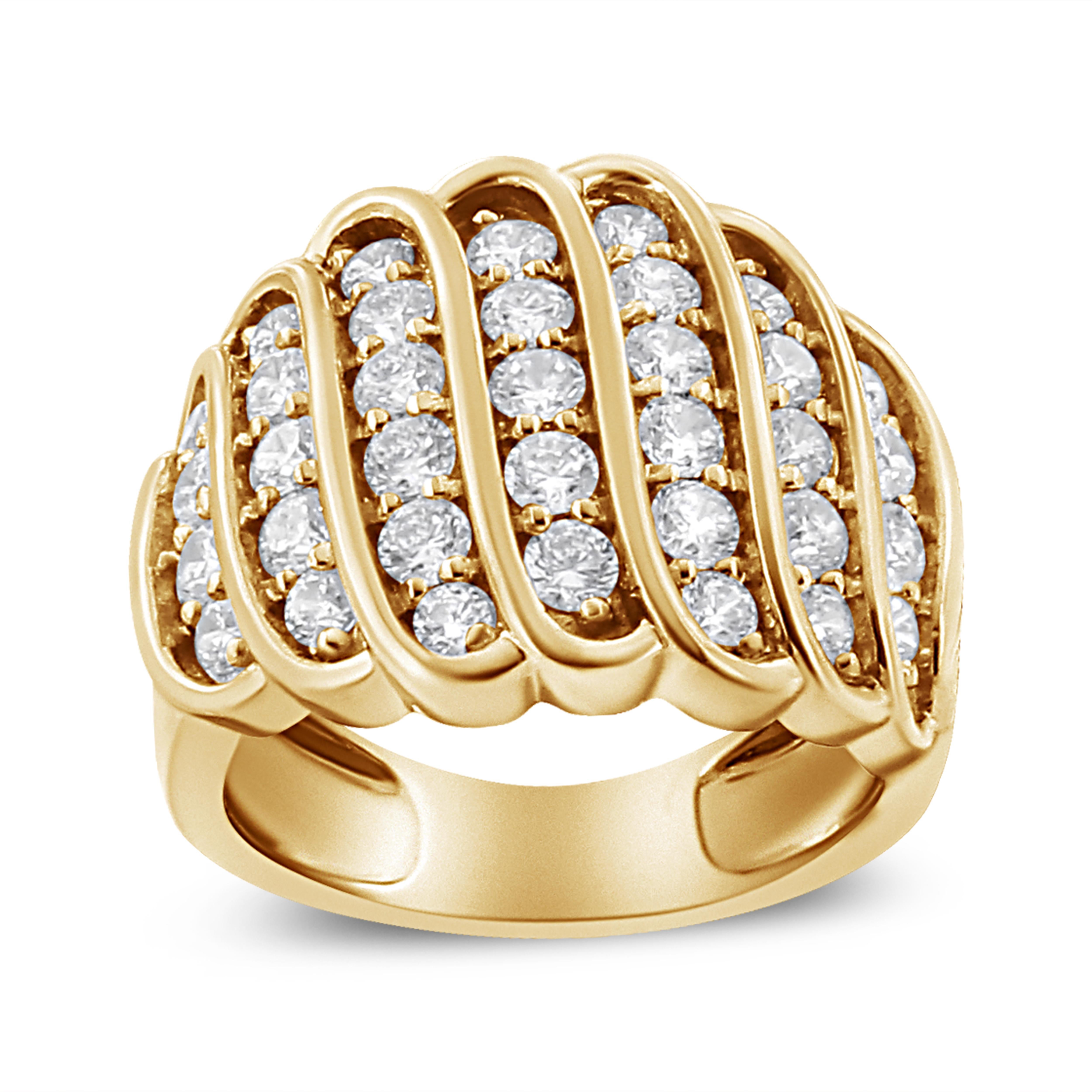Strikingly beautiful, this stunning multi-row diamond band ring is crafted from genuine .925 sterling silver and plated with sparkling 14k yellow gold, a metal that will stay tarnish free for years to come! The ring has a vertical multi-row design